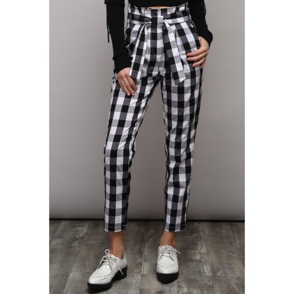 Pants - Black White Check High Waist Tie Pants Pants - Black White Check High Waist Tie Pants
